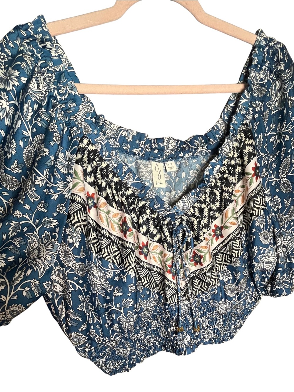 Floral Boho Crop Blouse Puff Sleeve Top Size Large ~ Designer short sleeves